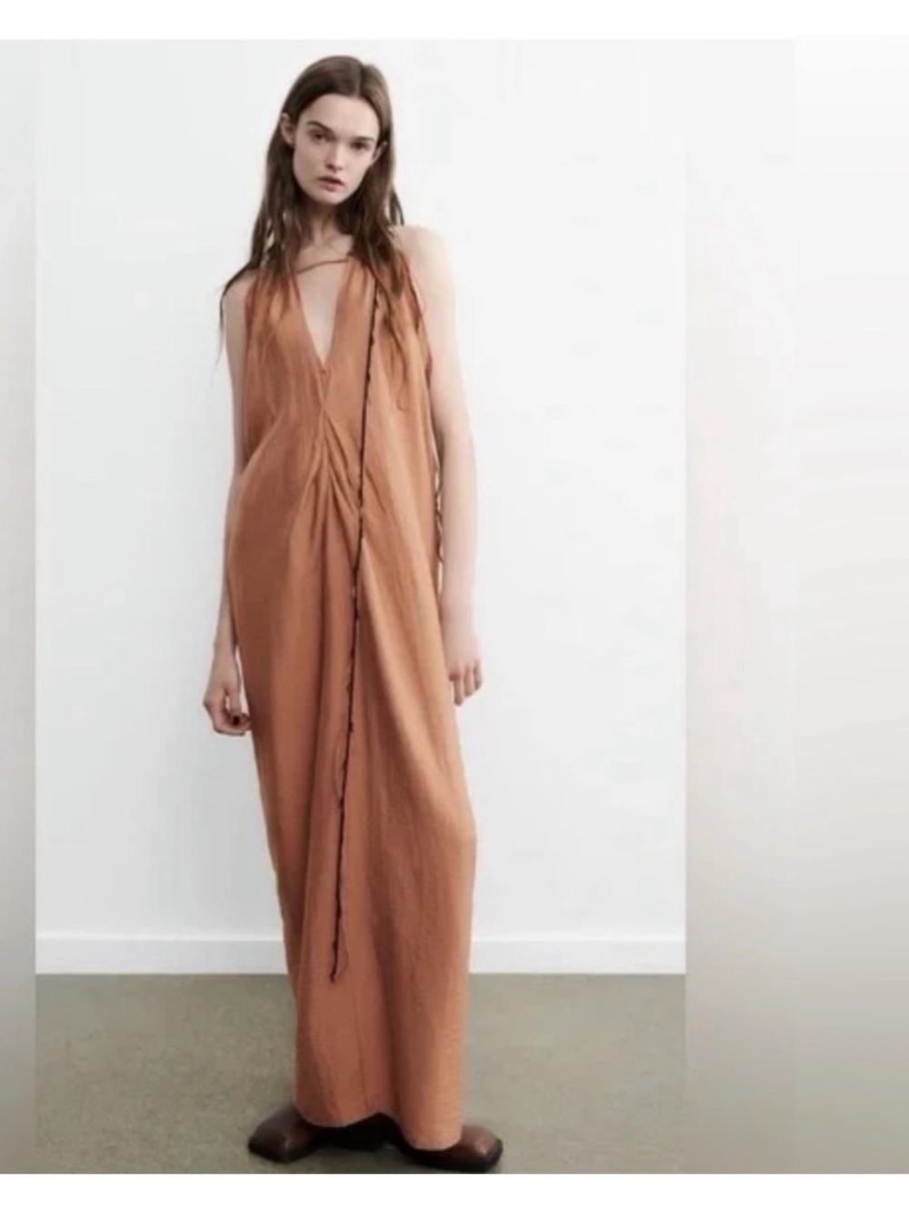 NWT • ZARA • STUNNING Lightweight Billowy Maxi Dress with Black Beaded Trim - Picture 1 of 14
